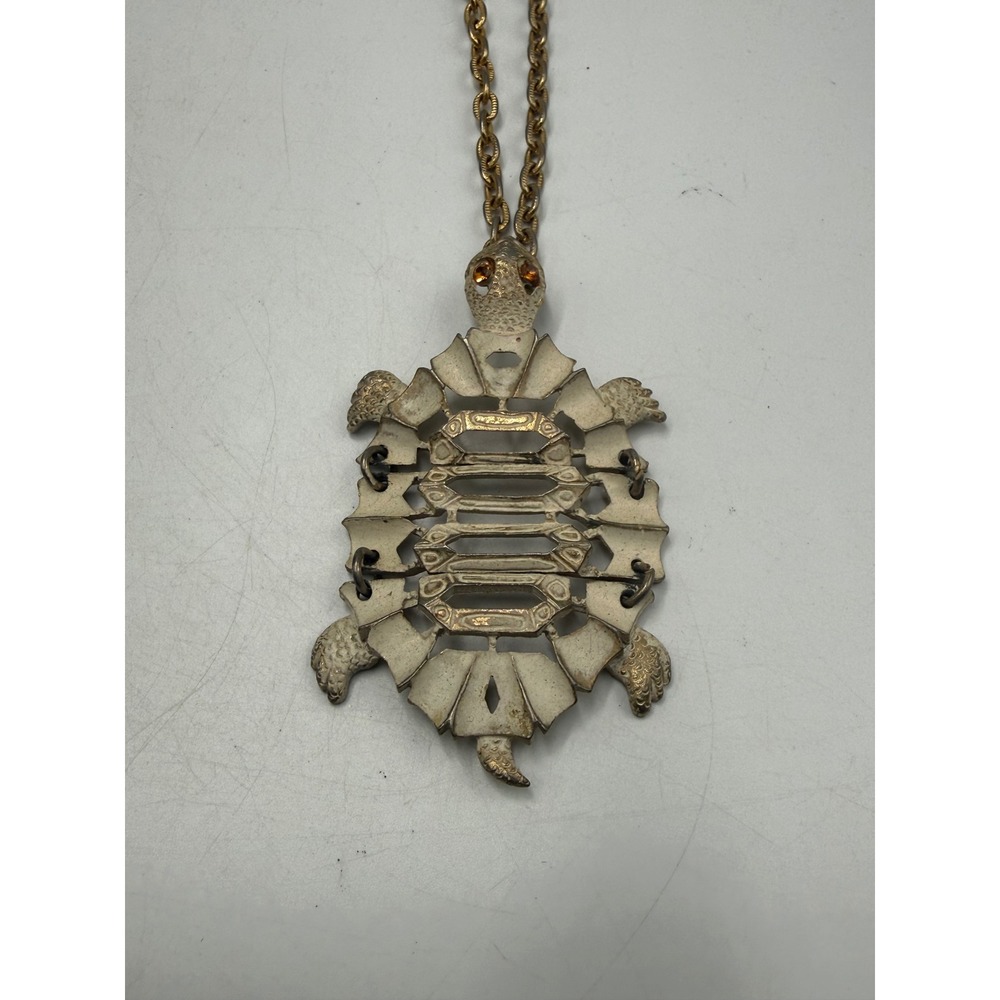 Vintage Razza Articulated Turtle Pendant Necklace Gold Tone Cream Enamel 1970s